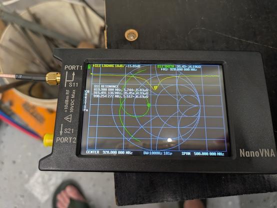 A photo of the screen of the NanoVNA. It shows a LOGMAG plot and a smith plot, showing the antenna has good performance at the target 920MHz frequency.