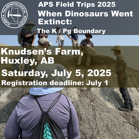 A poster for the event. The background picture is of an older man outside sitting on a steep hillside of clay / mud, pointing at the K/Pg extinction layer. Around him are a variety of people looking on as he explains.