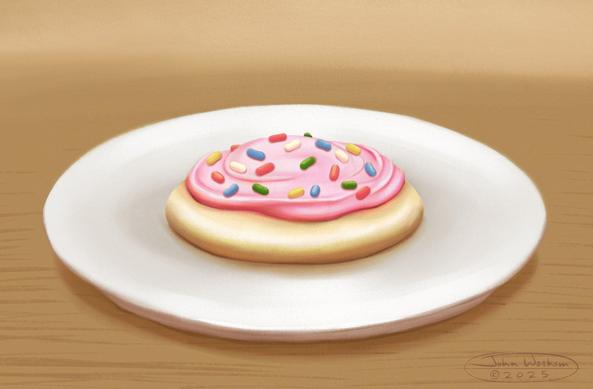 A painting of a frosted cookie on a plate.