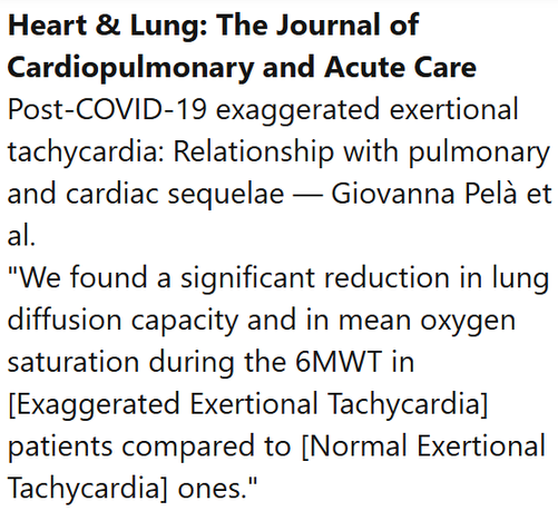 Heart & Lung: The Journal of Cardiopulmonary and Acute Care
Post-COVID-19 exaggerated exertional tachycardia: Relationship with pulmonary and cardiac sequelae — Giovanna Pelà et al.
"We found a significant reduction in lung diffusion capacity and in mean oxygen saturation during the 6MWT in [Exaggerated Exertional Tachycardia] patients compared to [Normal Exertional Tachycardia] ones."