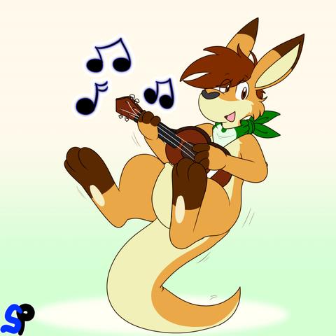 A Kangaroo balancing on his tail and playing a lute.