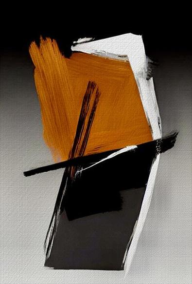 Abstract painting with three bold brushstrokes: a burnt orange mark, black geometric shape, and white accent against a gradient background, creating a dynamic minimalist composition by artist Rafael Salazar at RafaelSalazar.com