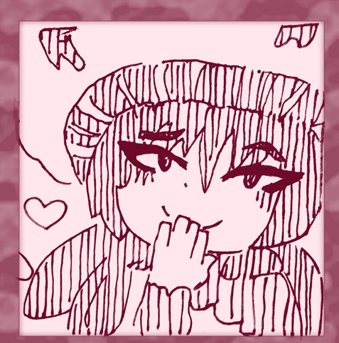 An ink drawing of a Poison Pie mushroom girl, giggling to herself.
