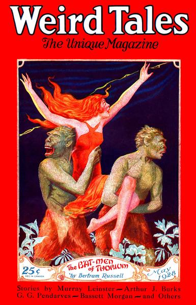 A red-haired woman in a red dress is being carried away, her arms outstretched, by two humanoid figures with greenish skin and furry lower limbs.
Weird Tales magazine cover from 1928.