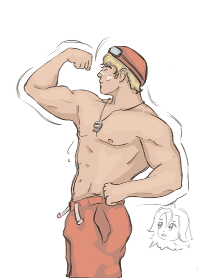 A drawing of a buff man flexing. He is in a swimsuit. There is a man looking at his butt from afar.