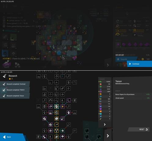 Two widescreen images collaged vertically. Both are screenshots of Infinitode 2, a tower defense game.

Image 1: The boss of stage 3.8 being defeated.

Image 2: A large tech tree. The "Tensor" space has just been activated; the game describes a Tensor as a "multidimensional thing".