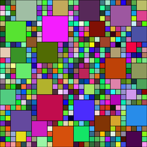 A computer generated picture of multicoloured squares of various sizes packed into a 28 by 28 grid