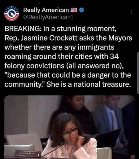 Really American RI O @ReallyAmerican1 BREAKING: In a stunning moment, Rep. Jasmine Crockett asks the Mayors whether there are any immigrants roaming around their cities with 34 felony convictions (all answered no), "because that could be a danger to the community." She is a national treasure.