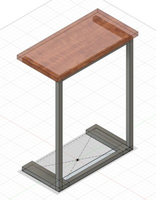A CAD diagram of a table showing a metal structure and a wood top