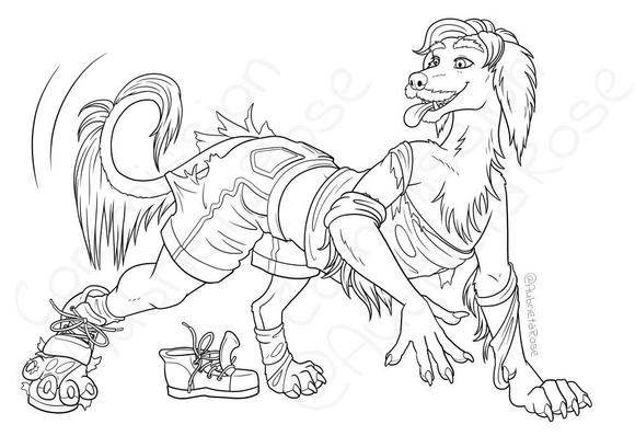 Line art of a person halfway transformed into a saluki, a type of hound dog, with his clothes tearing and hanging off of them, and one rear paw bursting through his shoe.