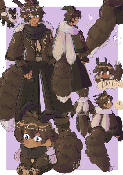 A sketchpage of Buru, a moth dragon lady with brown hair and fur and tan skin. She has fluffy dark brown moth antennae, white neck fluff, white moth wings, and most importantly, a big, fluffy brown moth tail with a white tip. 

Each of the doodles has a slightly different angle so you can see her tail: 

Two fullbodies depict her smiling and and peering at something curiously. 

One chibi depicts her 6-legged moth dragon form with sparkly eyes.

Another chibi has her looking blushy and frazzled as she shouts "bwh!?"

The last chibi has her sitting against the floor with her tail raised, and her foot paws visible to the camera. Her tail is extra big in this chibi.

The emphasis on this whole sketchpage is her large, fluffy tail! We love fluffy...