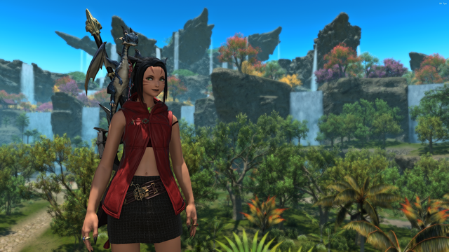 My main FFXIV Miqo'te with Kozama'uka in the background. She's stood on top of one of the Hanu buildings to get that backdrop.