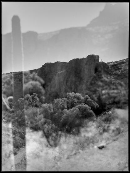 A black and white double exposure of a desert scene, the film rebate of a 6x4.5 frame can be seen with the black edge getting a small cat eye cut in. The more prominent exposure is a distant rock out on a hillside against a stark sky which is starting to show the other exposure, another shifted over and titled desert horizon. Below the rock out crop are massive trees with their canopy brightly lit and the trunks plunging into darkness. The second exposure also starts featuring in the foreground with a tall pillar of a cactus on the left of the frame simultaneously obscuring and highlighting a path into the valley from the other exposure. The hilly horizon and the angle of the cactus make you want to tilt your head slightly to the left to look at the photo.