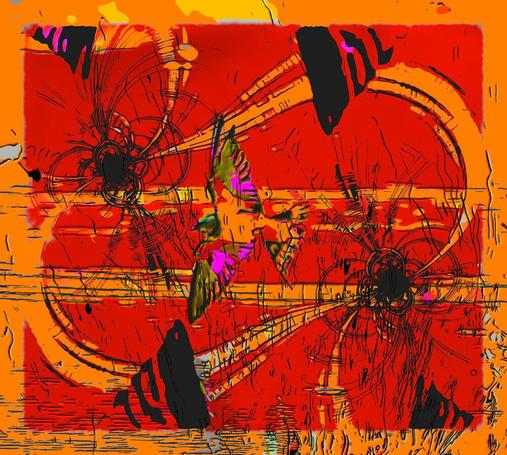 Ein Vogel fliegt umbeben von vielen Linien vor rotem Hintergrund.

A bird flies surrounded by many lines against a red background.