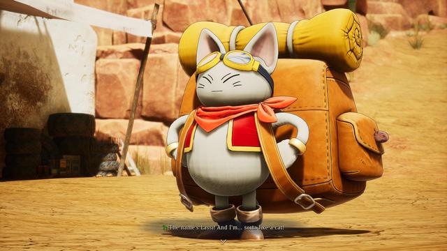 Sand Land screenshot. A cat-like creature with a massive backpack says "I'm Lassi and I'm sort of like a cat."