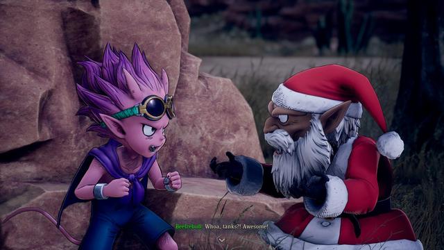 Sand Land screenshot. Beezlebub says to Thief, "Whoa, tanks?! Awesome!"