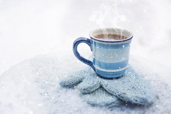 blazing hot drink, some light blue mits.