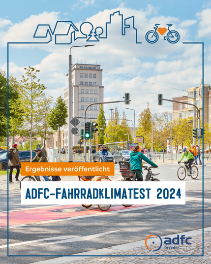 Das Bild zeigt eine Stadtstraße mit mehreren Radfahrern, die an einem Kreuzungsbereich mit Ampeln und einem roten Radfahrstreifen vorbeifahren. Im Hintergrund ist ein hohes Gebäude zu sehen, und die Straße ist von Bäumen gesäumt. Der Himmel ist blau mit einigen weißen Wolken. Oben im Bild befindet sich ein stilisierter Rahmen mit Symbolen für Häuser, Bäume, eine Stadtlandschaft und ein Fahrrad mit einem Herzen. In der Mitte des Bildes steht in einem orangefarbenen und blauen Textfeld "Ergebnisse veröffentlicht ADFC-FAHRRADKLIMATEST 2024". Unten rechts ist das Logo von ADFC Dresden zu sehen.