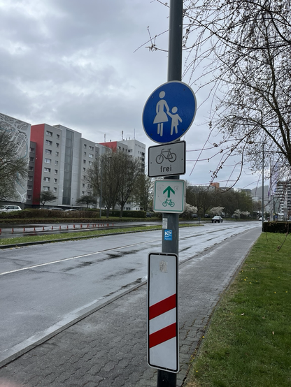 Das Bild zeigt einen Laternenmast an einem Gehweg entlang einer mehrspurigen Straße. Am Mast sind mehrere Schilder befestigt: ganz oben ein rundes, blaues Schild mit dem Symbol einer erwachsenen Person und eines Kindes – darunter zwei kleinere rechteckige Schilder, eines mit einem Fahrradsymbol und dem Zusatz „frei“, das andere mit einem grünen Fahrradsymbol und Pfeil nach oben. Am unteren Ende des Masts befindet sich ein rot-weiß gestreiftes Markierungszeichen. Im Hintergrund stehen mehrstöckige Wohnhäuser, einige Bäume sind noch kahl, und die Straße ist nass – es scheint kürzlich geregnet zu haben. Der Himmel ist grau und bewölkt. Ein Auto fährt auf der rechten Fahrsp