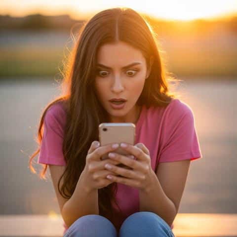 Eine junge Frau schaut entsetzt mit weit aufgerissenen Augen auf das Display ihres Smartphones.