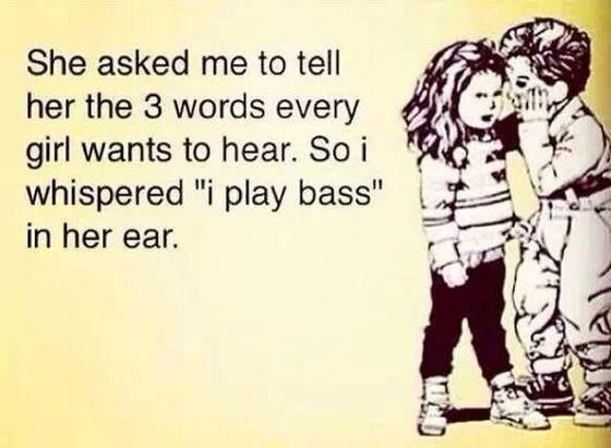 A little boy whispers into a girl's ear.
She asked me to tell her the 3 words every girl wants to hear.
So I whispered "I play bass" in her ear.