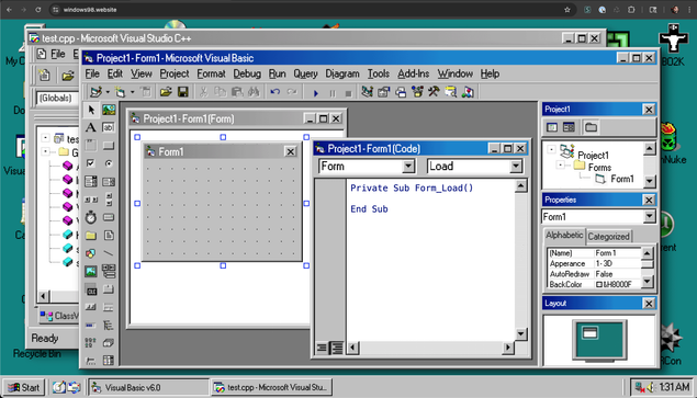 a screenshot of the windows98 website. displaying visual basic 6's IDE which has been recreated in html, css, and javascript.