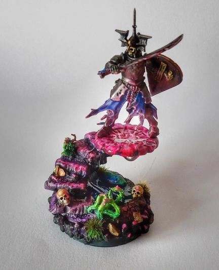 Photo of a painted miniature of a Skeleton warrior with sword and shield on top of a ruined staircase with a glowing ritual circle beneath his feet.