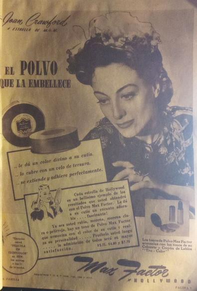 Anuncio vintage de Max Factor con Joan Crawford, que promociona un polvo facial para embellecer la piel, resaltando su elegancia y las características del producto.