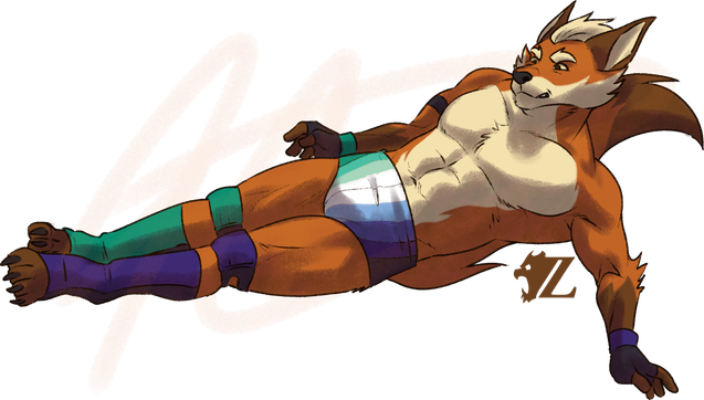 Felix, a male anthropomorphic red fox, leaps from the top rope with a missile drop kick! They wear trunks with stripes in the colors of the trans-inclusive gay male pride flag, as well as gloves, knee pads, and kick pads in the deeper green and blue of the same flag.