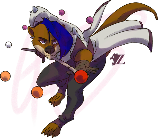 Pascal, a female anthropomorphic otter, floats in the air, aiming a red billiards ball at the viewer. She has a long lock of bright blue hair on the left side of her head as he looks beyond it with violet eyes. She wears a snazzy suit with a white overcoat and gray pants, with brown gloves and violet spats beneath the cuffs of the pants.