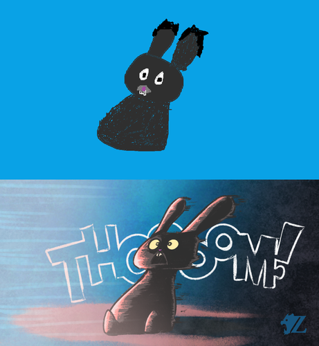 A drawover of a rabbit drawn in MS Paint, shared during stream by a member of chat. The drawover features the rabbit leaning back from the force of an explosion off-screen, with a loud "THOOOOM!" in the background to represent the sound effect.