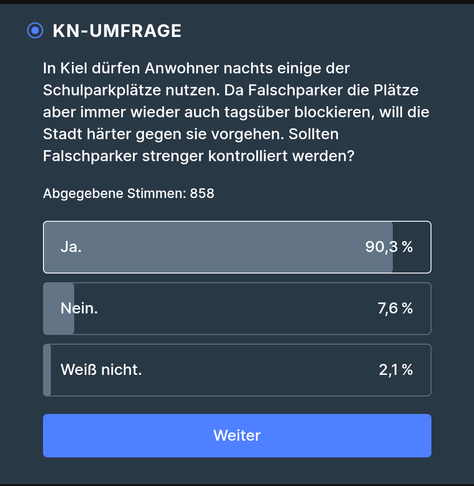Screenshot der Frage und der Ergebnisse. Zum Zeitpunkt des Screenshots haben 90,3% für "ja", 7,6% für "nein" und 2,1% mit "weiß nicht" abgestimmt.
