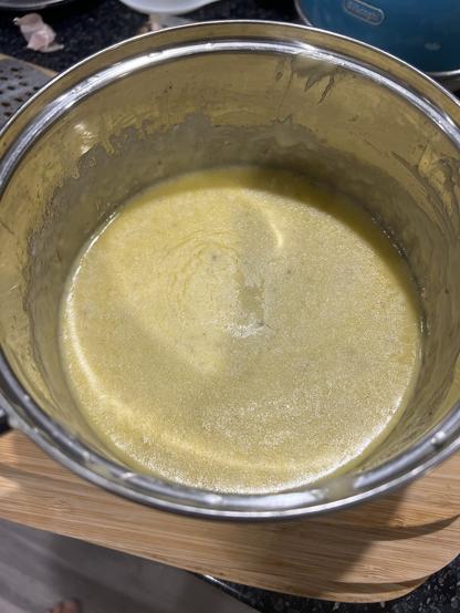 Pot of cheese sauce that’s a little browner than it might usually be.