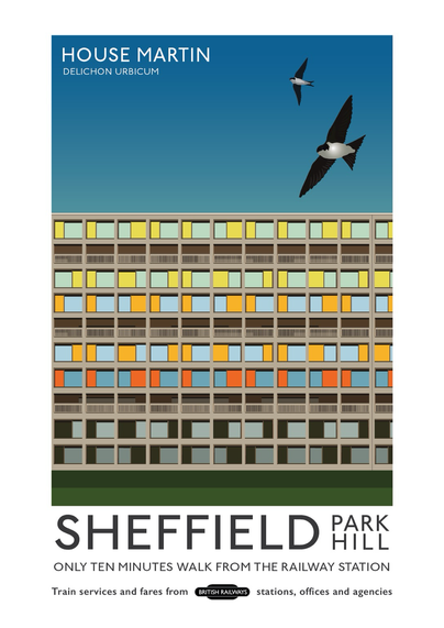 Poster depicting Sheffield’s iconic Park Hill flats with. Purple of House Martins flying above.