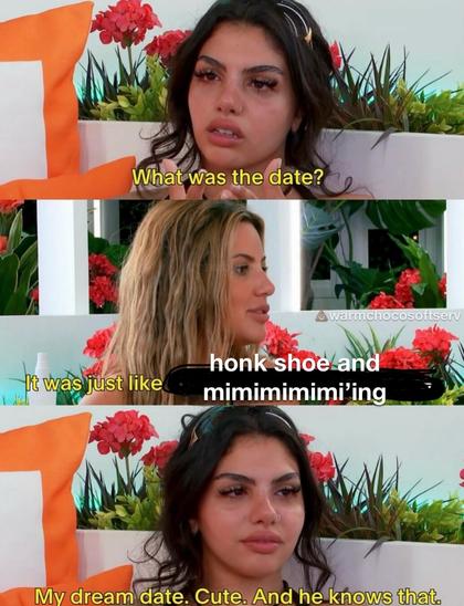 Three-panel meme from Love Island US. First panel: Huda tearfully asks, “What was the date?” Second panel: Iris says, “It was just like honk shoe and mimimimimi’ing.” Third panel: Huda emotionally replies, “My dream date. Cute. And he knows that.” The punchline is that sleeping together (literally) is the peak romantic experience.