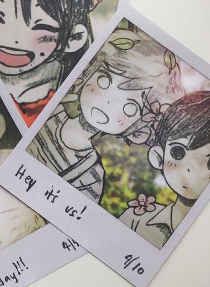 Twp anime boys (Sunny and Basil) on a photo with text "hey it's us".
More photos on the background