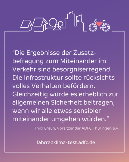 “Die Ergebnisse der Zusatzbefragung zum Miteinander im Verkehr sind besorgniserregend.
Die Infrastruktur sollte rücksichtsvolles Verhalten befördern.
Gleichzeitig würde es erheblich zur allgemeinen Sicherheit beitragen, wenn wir alle etwas sensibler miteinander umgehen würden.”

Thilo Braun, Vorsitzender ADFC Thüringen e.V.

fahrradklima-test.adfc.de