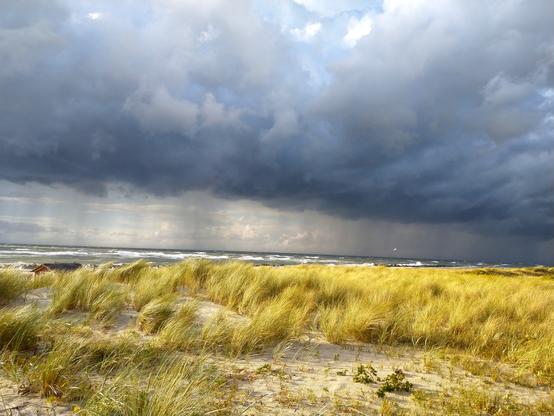 Der Betrachter steht in den mit Strandhafer bewachsenen Dünen eines Strandes, der selbst nicht zu sehen ist. Die Wellen der Ostsee tragen Schaumkronen. Über dem Wasser liegt eine dunkle Wolkenfront mit Regenschleiern darunter.
