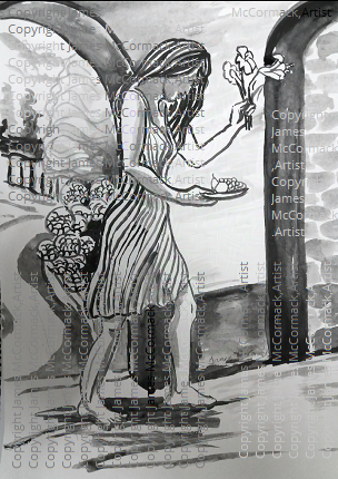 Offerings.
G.
Ink on Paper.

Coming from a sunny garden through an archway to an interior, a barefoot young woman in a light dress, head bowed, carrying flowers and a plate of fruit, moves towards a darker space beyond a second arch.