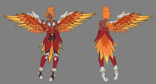 Work in progress reference sheet for my OC, Rura, She's half human half bird beastfolk. My plan was she was going to have fire elemental/magic, so her dominant color are warm colors.