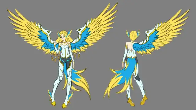 Work in progress reference sheet for my OC, Kaina, She's half human half bird beastfolk. My plan was she was going to have thunder elemental/magic, so I chose yellow and blue for her bird feature and white for her armor.