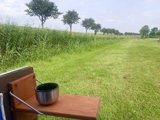 Links sieht man das Klapptischchen eines Strandkorbes hinter dem Deich, mit dem Becher einer Thermoskanne. Der Blick geht in die Weite, mit Schilf, großer Wiese und einer Baumreihe bis zum Horzont.