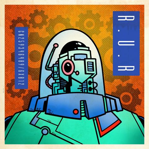 Green robot with a clear dome over the exposed circuitry of it’s head. The orange background behind it is covered in silhouettes of cogs.