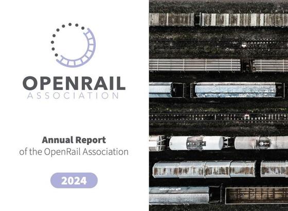 A split image. On the left the OpenRail logo and a text below "Annual Report of the OpenRail Association 2024”. On the right, a number of wagons as seen from the top in tracks"