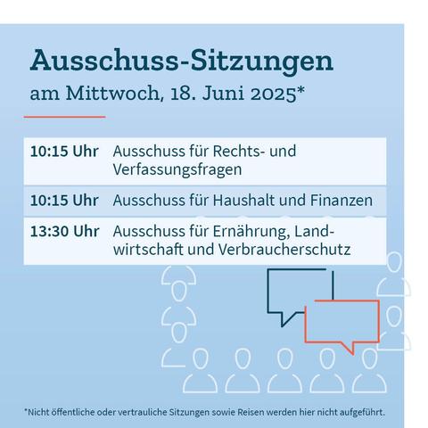 Grafik in Blautönen mit den Terminen der Ausschusssitzungen am Mittwoch, 18. Juni 2025: 10:15 Uhr: Ausschuss für Rechts- und Verfassungsfragen. 10:15 Uhr: Ausschuss für Haushalt und Finanzen. 13:30: Ausschuss für Ernährung, Landwirtschaft und Verbraucherschutz. Dazu der Hinweis, dass nicht öffentliche oder vertrauliche Sitzungen sowie Reisen nicht aufgeführt werden.