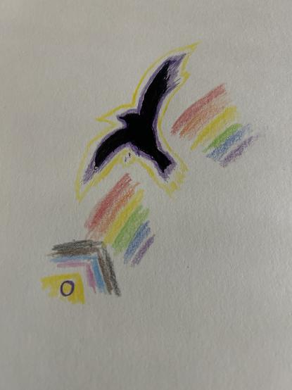 A inkdrawn black bird with violett and yellow highlights sourrounding is flying out a progressive pride flag