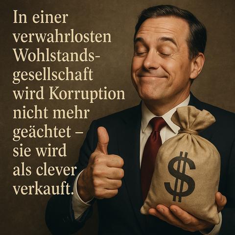 Das Bild zeigt einen selbstzufriedenen Mann im Anzug, der mit geschlossenen Augen und einem überheblichen Lächeln einen Daumen nach oben hält. In seiner anderen Hand trägt er einen Geldsack mit einem Dollarzeichen – Symbol für ungeniertes Gewinnstreben. Die Szene ist in warmen, satten Farbtönen gehalten und strahlt Dekadenz aus. Daneben steht der Satz: „In einer verwahrlosten Wohlstandsgesellschaft wird Korruption nicht mehr geächtet – sie wird als clever verkauft.“ Das Bild ist eine sarkastische Metapher für den moralischen Verfall in späten Gesellschaftsphasen, in denen Anstand nicht mehr zählt und Gier als Intelligenz gilt.

Image Description (English):
The image shows a smug man in a suit, eyes closed and smiling arrogantly, giving a thumbs-up. In his other hand, he holds a money bag marked with a dollar sign – a symbol of shameless profiteering. The color palette is warm and rich, evoking a sense of decadence. Next to him, a German quote reads: “In a decaying affluent society, corruption is no longer condemned – it’s marketed as clever.” The image serves as a biting metaphor for the moral erosion of late-stage societies where decency fades and greed masquerades as intelligence.🖖