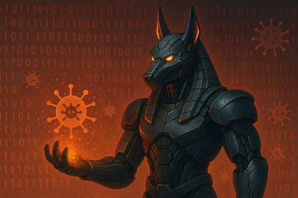 Il Dio egizio Anubis in versione tecnologica con un virus in mano.
