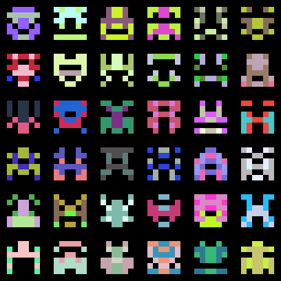 a 6x6 grid of multicolored 6x6 pixel aliens a la space invaders