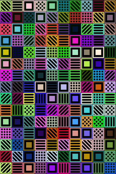 a rectangle of multicolored squares with various fill patterns on a black background